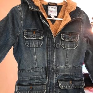 Women's size XS Old Navy thick denim jacket/coat with warm Sherpa lining